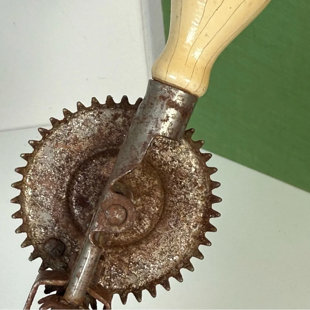 Antique (Green & Cream) A&J Kitchen Egg Beater Wood Handle Farmhouse Decor